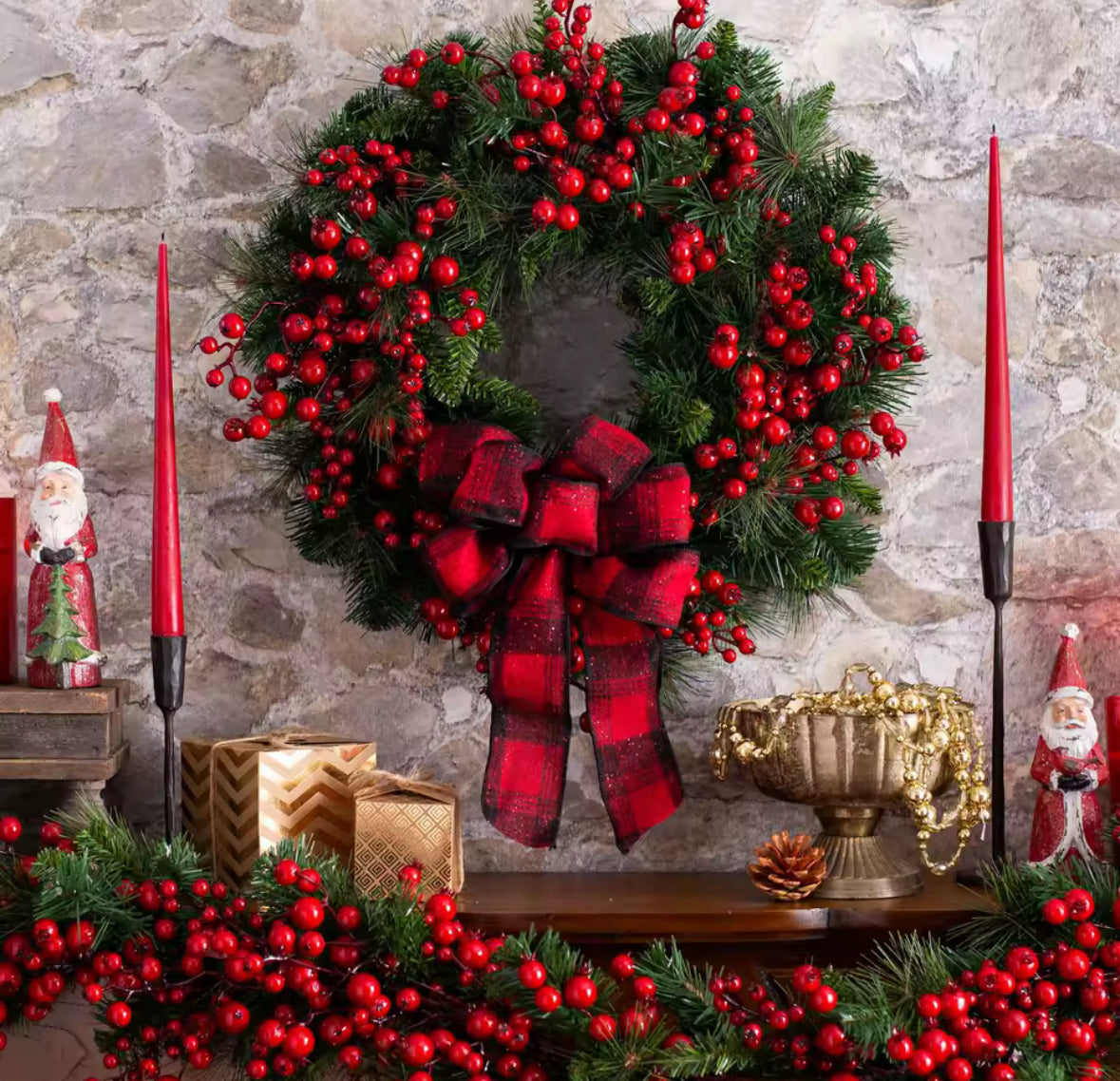 🎄 Ziemassvētku Mākslīgais Sarkano Ogu Vainags ar Sarkanu Lenti ✨