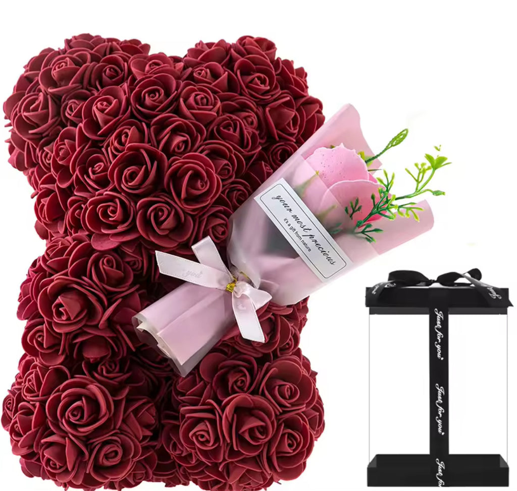 🧸 Rožu Lācītis ar Kasti un Pušķi – Mūžīgā Roze 2025 Dāvanu Kolekcija 🌹✨