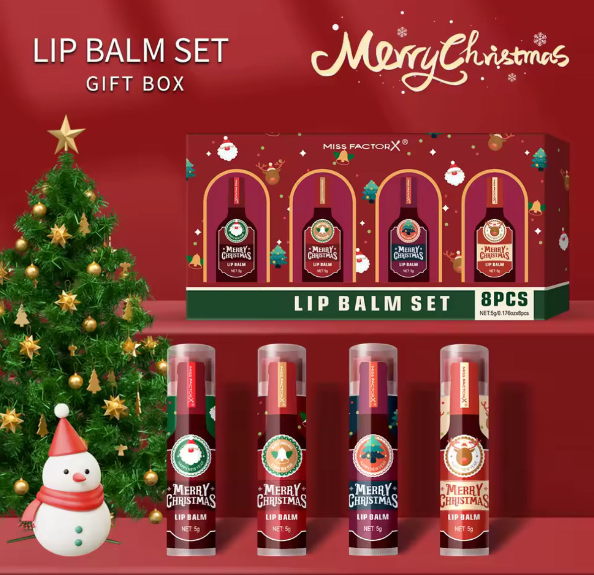 💋 8 gab. krāsainu lūpu balzamu komplekts – “Christmas Hot Red Wine” kolekcija ar vīna aromātu un spīdumu 🍷🎄