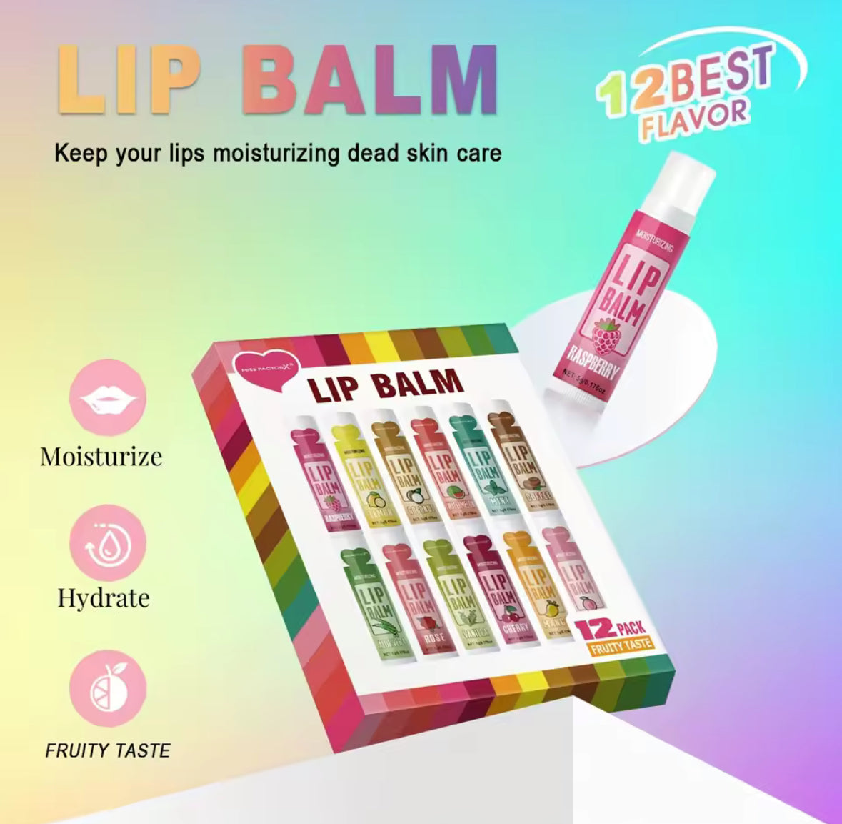 💋 12x Lūpu Balzamu Komplekts + Dāvanu Kaste – Maigas, Garšīgas un Neatvairāmas Lūpas!