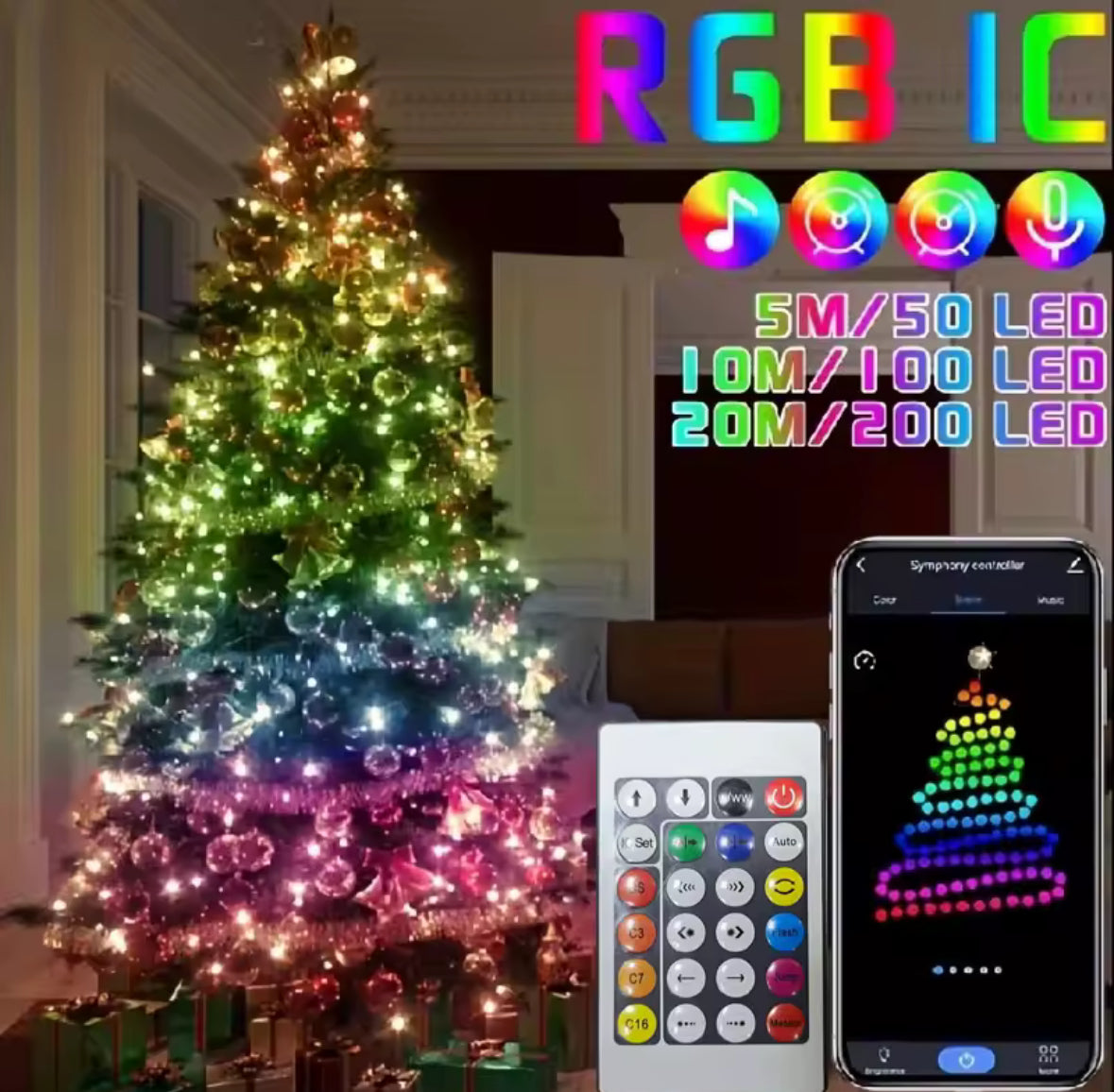 🌟 WS2812B Smart LED String Light – RGBIC Fairy Lamp ar Bluetooth un Tālvadību (10m)