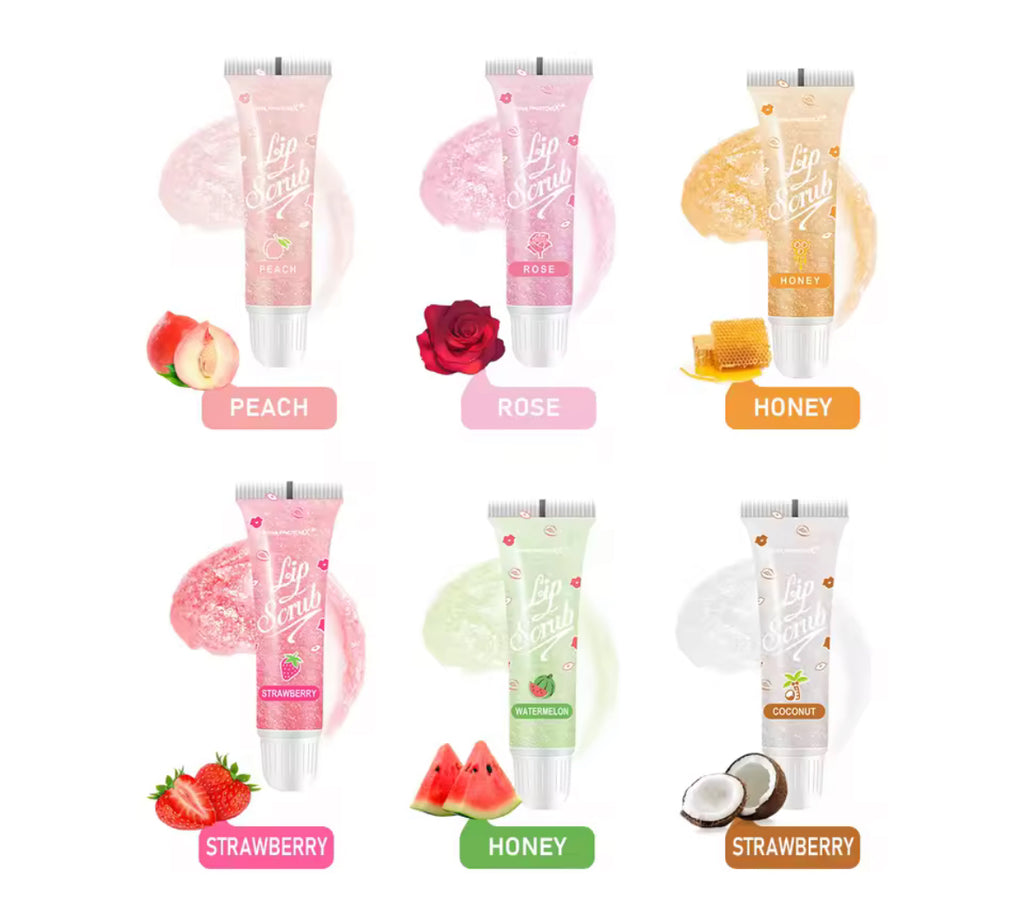 💋 6 gab. lūpu skrubju komplekts – dabīgs pīlings mīkstām un gludām lūpām 🍯🌸
