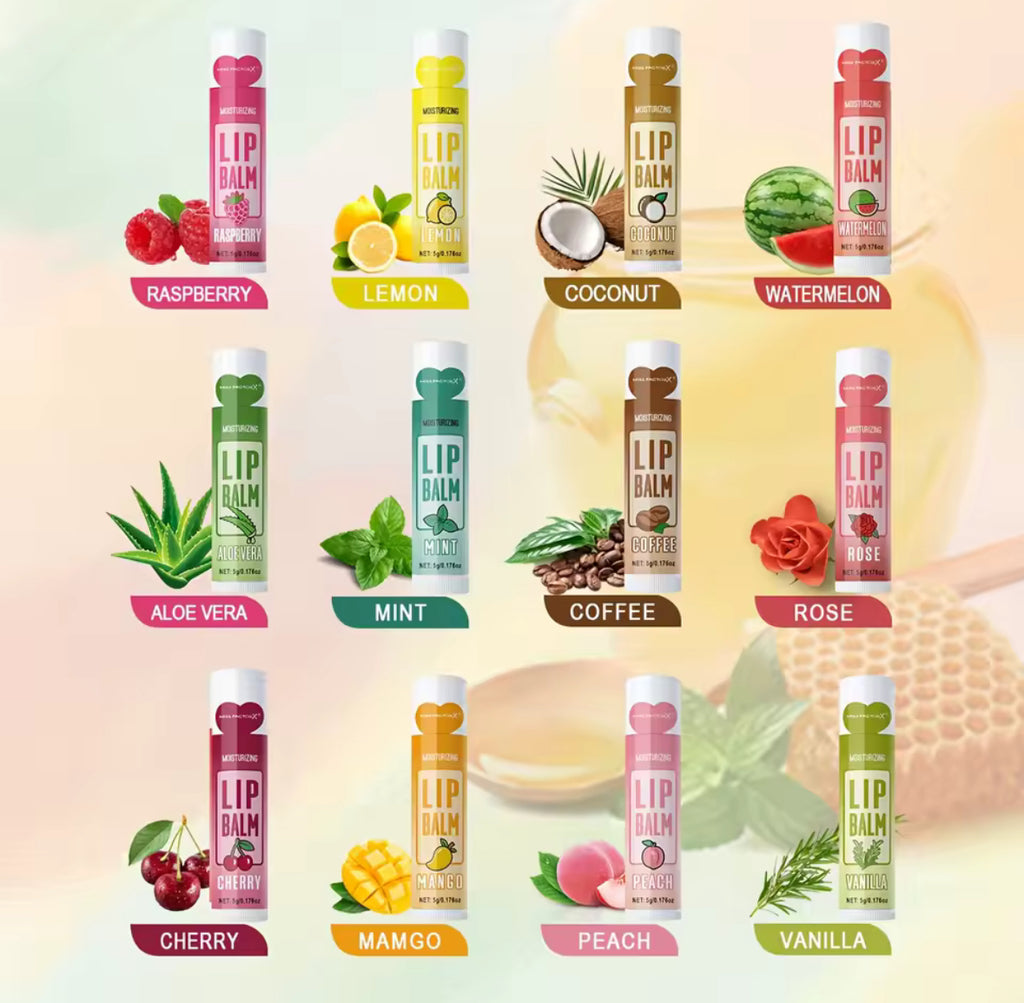 💋 12x Lūpu Balzamu Komplekts + Dāvanu Kaste – Maigas, Garšīgas un Neatvairāmas Lūpas!