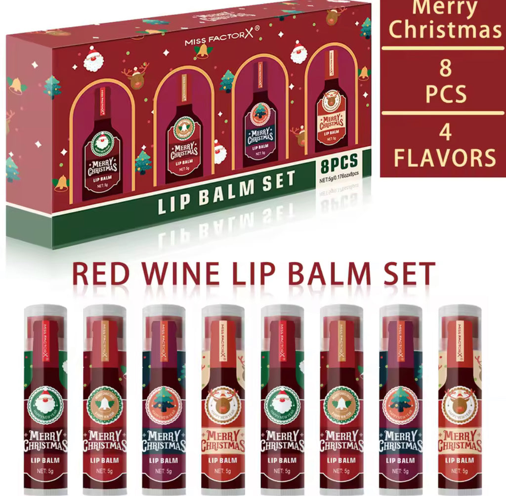 💋 8 gab. krāsainu lūpu balzamu komplekts – “Christmas Hot Red Wine” kolekcija ar vīna aromātu un spīdumu 🍷🎄