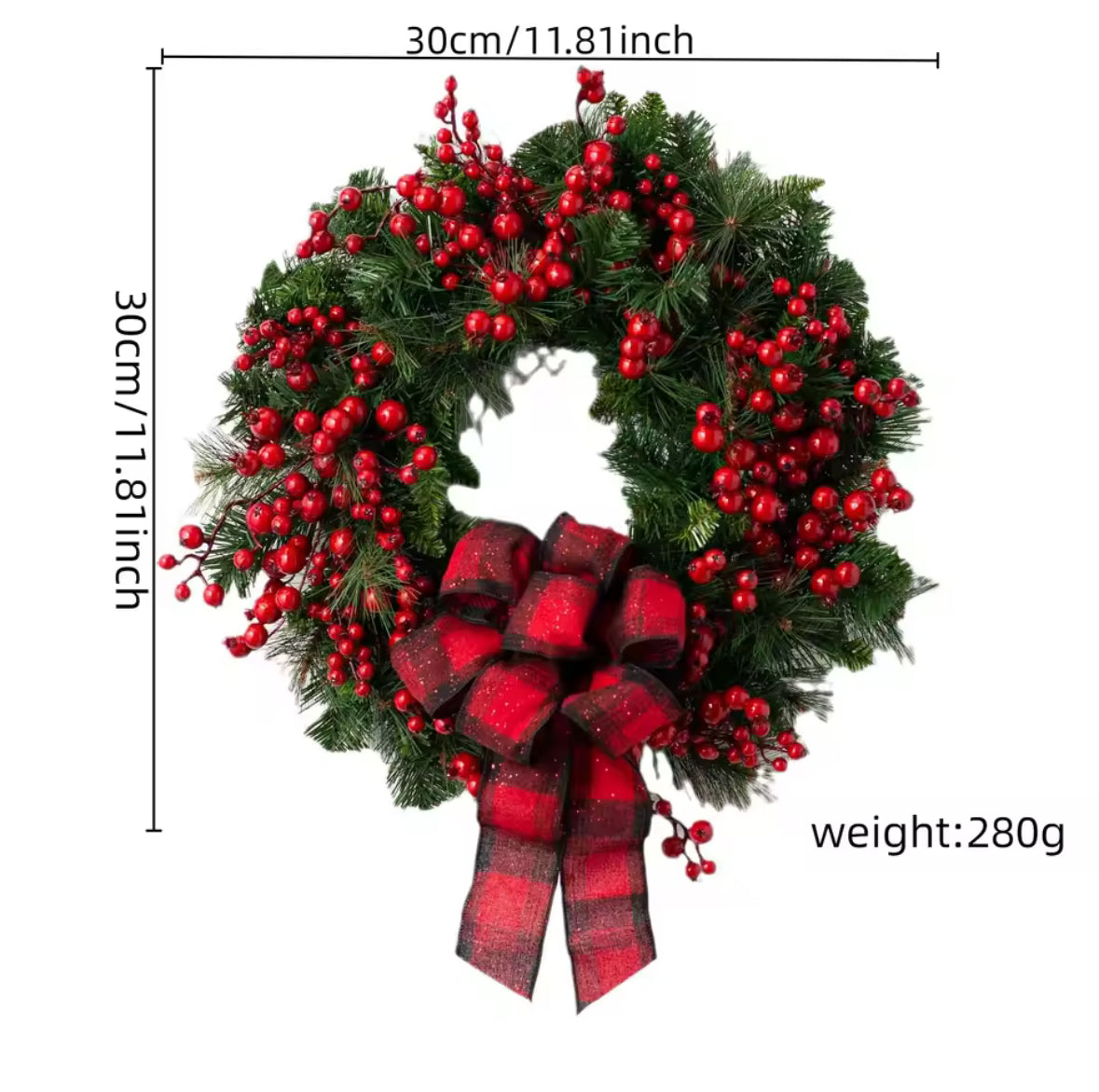 🎄 Ziemassvētku Mākslīgais Sarkano Ogu Vainags ar Sarkanu Lenti ✨