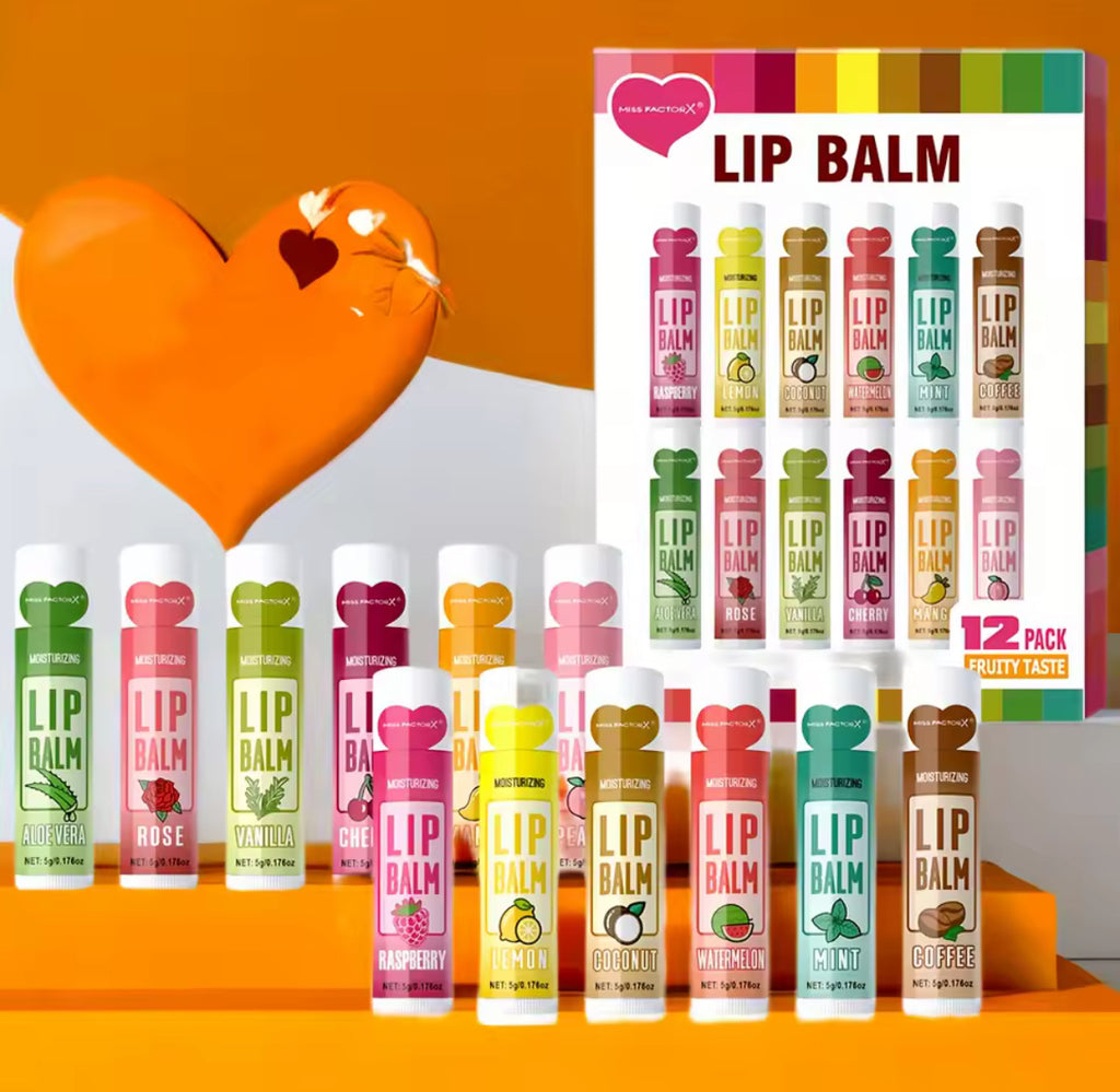 💋 12x Lūpu Balzamu Komplekts + Dāvanu Kaste – Maigas, Garšīgas un Neatvairāmas Lūpas!