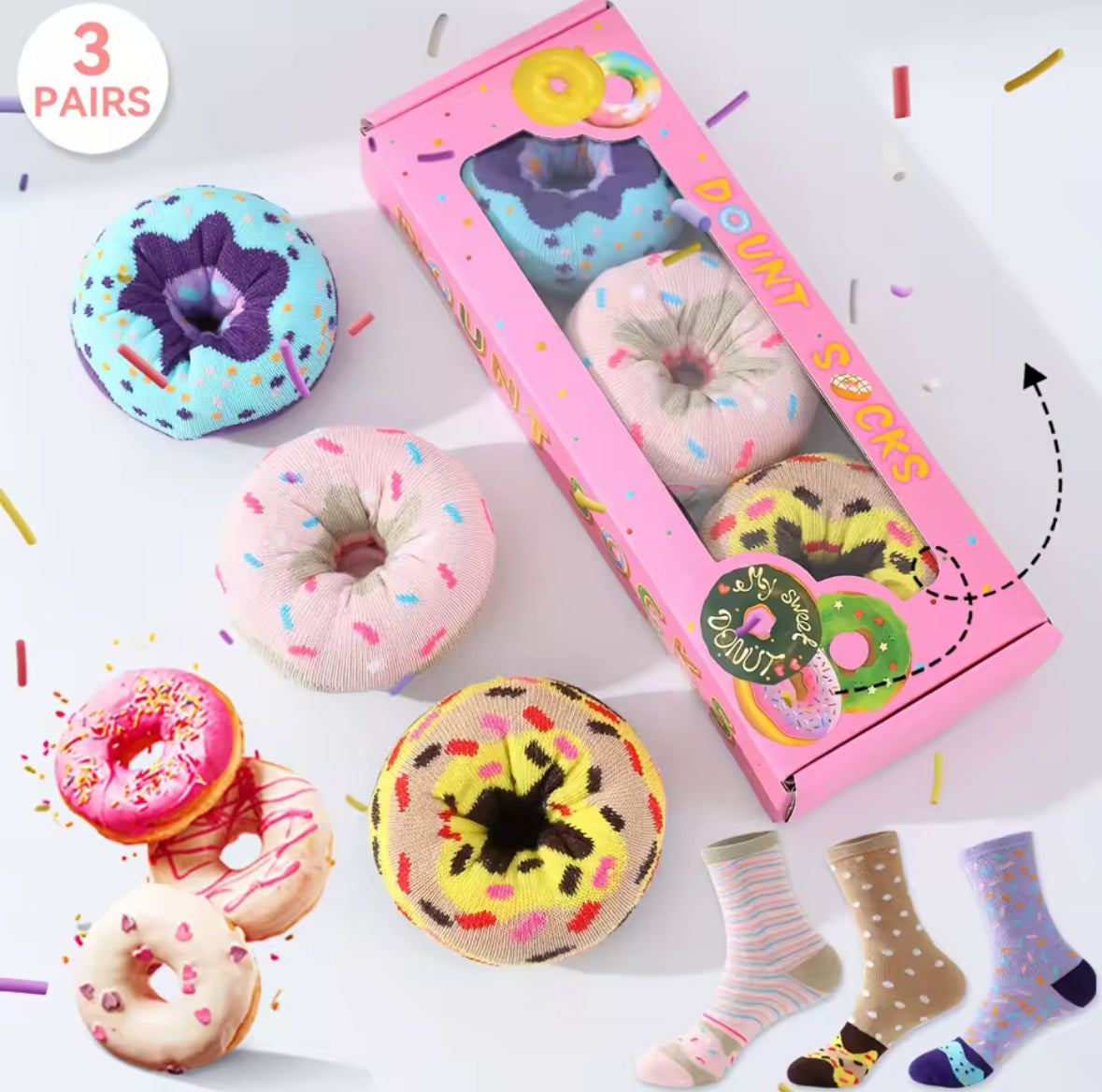 🍩 3 pāri krāsainu virtuļu dizaina zeķu – stilīga dāvana gan vīriešiem, gan sievietēm 🧦🎁